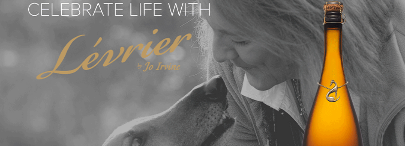 Levrier Wines by Jo Irvine black and white ad with dog